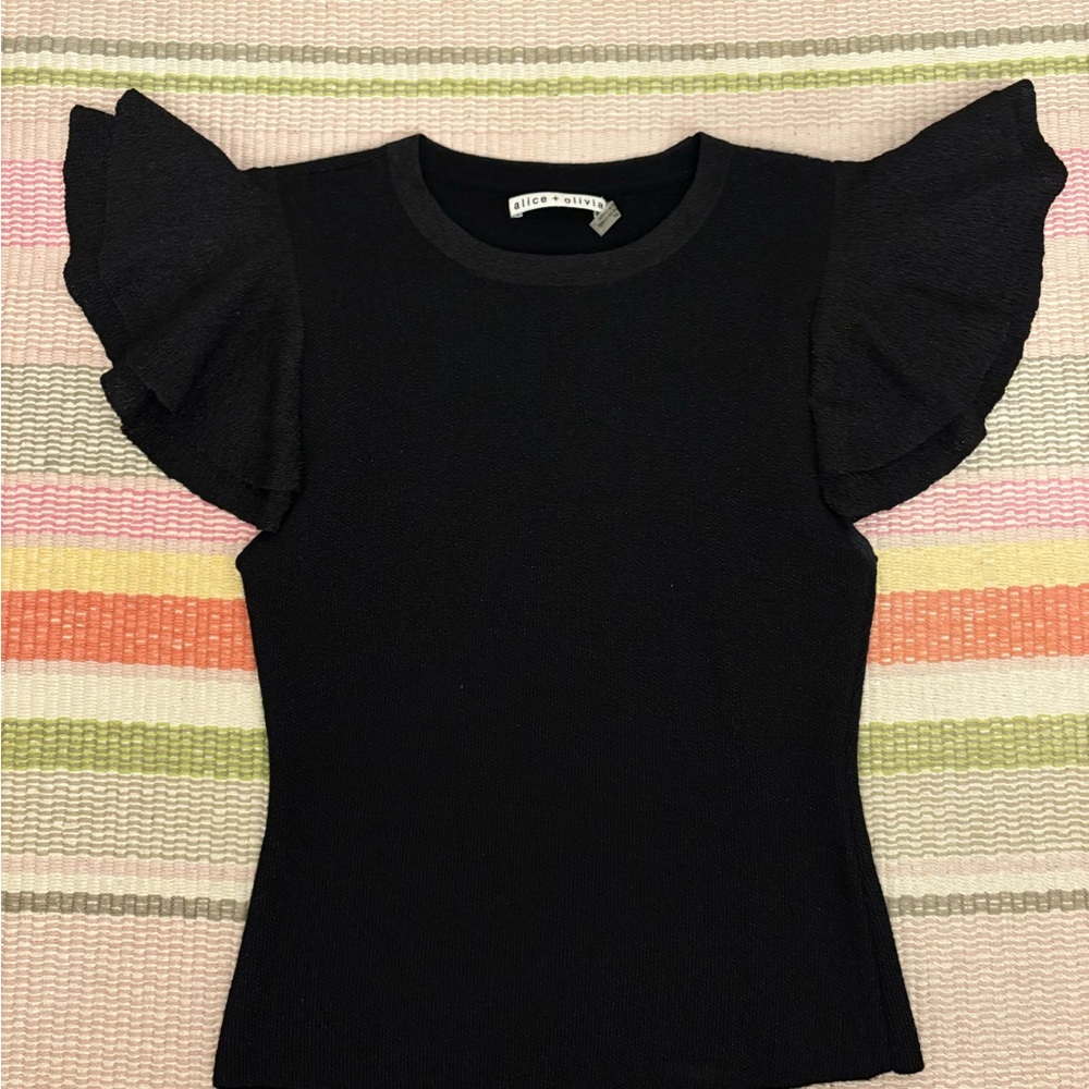 Alice + Olivia Black Sparkle Top with Ruffle Sleeves